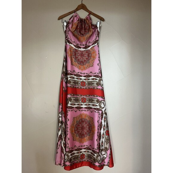 Aakaa Halter Maxi Full A-line Slip Dress Red Pink Paisley Print Women’s‎ Medium - Picture 3 of 14